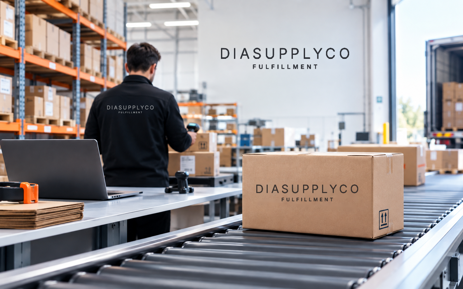 DIASUPPLYCO Fulfillment-Lager mit Förderband und versandfertigen Paketen